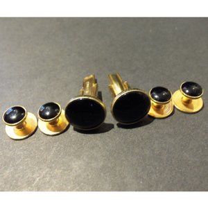Vintage Pioneer Cufflinks 6 Piece Black and Gold - Mens Jewelry